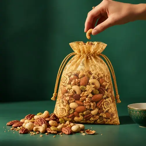 Mixed nuts in a gold drawstring pouch