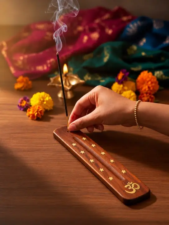 A hand placing an incense stick in a wooden holder