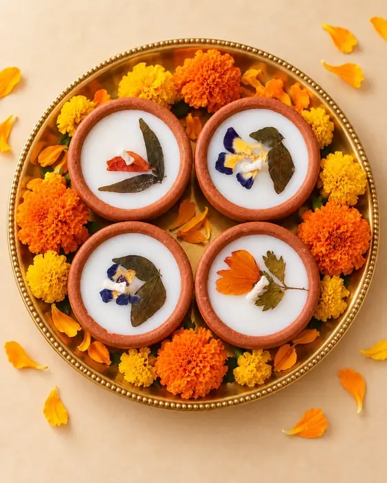 Four earthen diyas on a brass tray of marigolds