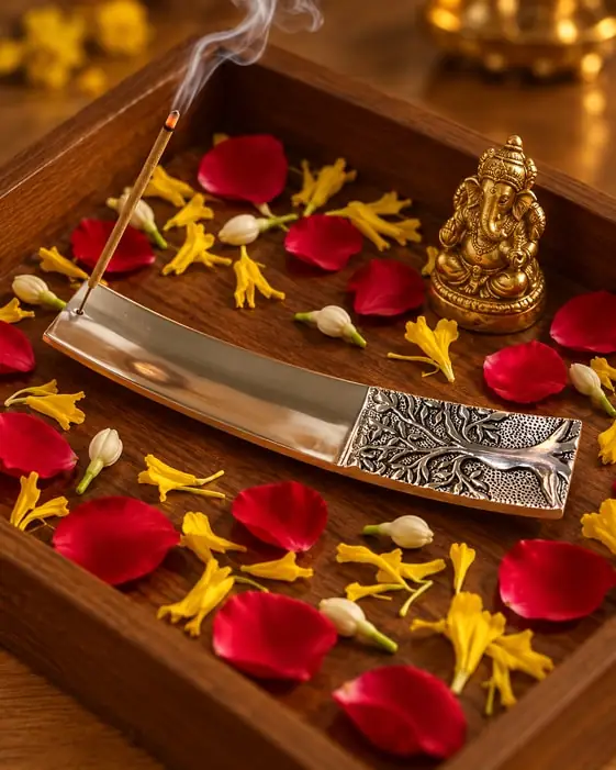 A silver incense holder on a wooden tray with petals